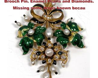 Lot 2130 14K Yellow Gold Floral Spray Brooch Pin. Enamel Pearls and Diamonds. Missing some drops known becau