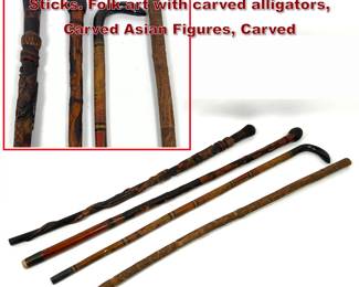 Lot 2021 4pcs Antique Canes and Walking Sticks. Folk art with carved alligators, Carved Asian Figures, Carved