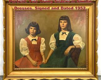 Lot 1907 EMIL RHODES Formal Double Portrait. Two Young Sisters in Similar Dresses. Signed and Dated 1952.