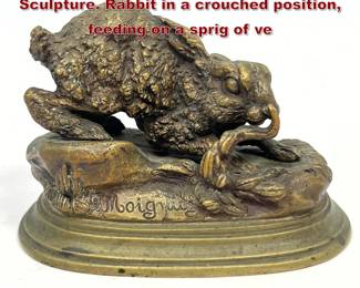 Lot 1949 Small Jules Moigniez Bronze Table Sculpture. Rabbit in a crouched position, feeding on a sprig of ve