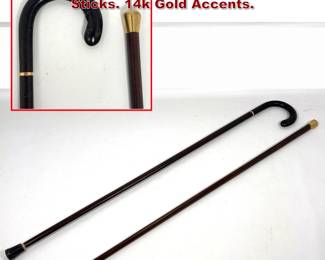 Lot 2017 2pcs Antique Canes Walking Sticks. 14k Gold Accents.