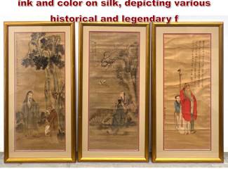 Lot 1758 3pcs Chinese paintings featuring ink and color on silk, depicting various historical and legendary f