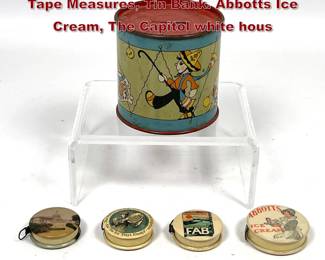 Lot 2233 Vintage Collectables. Advertising Tape Measures, Tin Bank. Abbotts Ice Cream, The Capitol white hous