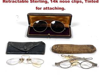 Lot 2174 3 Pairs Antique Spectacle Glasses. Retractable Sterling, 14k nose clips, Tinted for attaching.