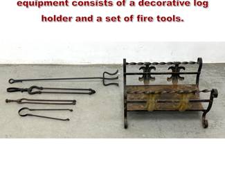 Lot 1763 Antique Handforged hearth equipment consists of a decorative log holder and a set of fire tools.