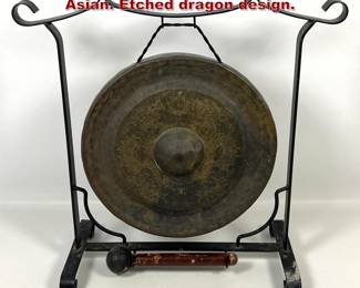Lot 1735 Buddhist Bronze Gong with Stand, Asian. Etched dragon design.