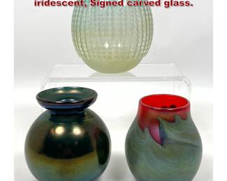 Lot 1917 3pcs Art Glass. Lotton vase, blue iridescent, Signed carved glass.