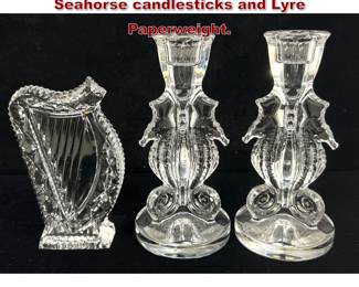 Lot 1878 3pcs Waterford Irish lead crystal. Seahorse candlesticks and Lyre Paperweight.