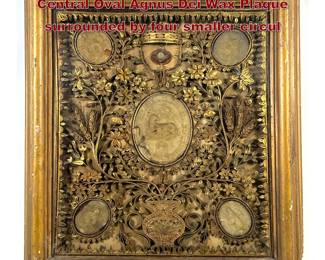 Lot 2094 Religious Devotional Shadow Box. Central Oval Agnus Dei Wax Plaque surrounded by four smaller circul