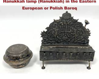 Lot 2102 2pcs Judaica. A Silver benchstyle Hanukkah lamp Hanukkiah in the Eastern European or Polish Baroq