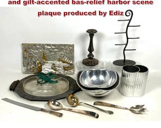 Lot 2319 Mixed Metal Lot. Nambe, ilvertone and giltaccented basrelief harbor scene plaque produced by Ediz