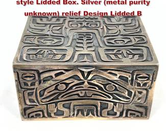 Lot 2098 Pacific Northwest Coast Haida style Lidded Box. Silver metal purity unknown relief Design Lidded B