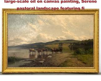 Lot 1990 HERMANN GUSTAV SIMON 1884 largescale oil on canvas painting, Serene pastoral landscape featuring fi