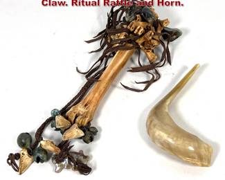 Lot 2240 2pcs. Shaman Bone, Leather, Coral, Claw. Ritual Rattle and Horn.