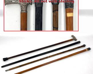 Lot 2018 4pcs Antique Canes Walking Sticks. All set with sterling