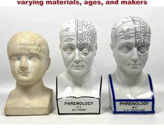 Lot 2242 3pcs Phrenological head models of varying materials, ages, and makers