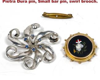 Lot 2137 Grouping of 14K Gold Jewelry. Pietra Dura pin, Small bar pin, swirl brooch.