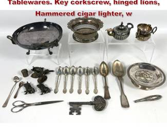 Lot 1941 Collection of Antique Silverplate Tablewares. Key corkscrew, hinged lions, Hammered cigar lighter, w