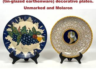 Lot 1905 2pcs handpainted Italian majolica tinglazed earthenware decorative plates. Unmarked and Molaron