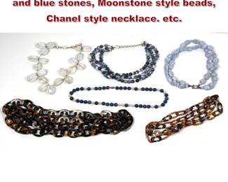 Lot 2144 6pcs Costume Necklaces. Sterling and blue stones, Moonstone style beads, Chanel style necklace. etc.