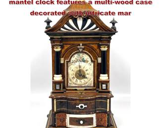 Lot 1972 Antique miniature architectural mantel clock features a multiwood case decorated with intricate mar