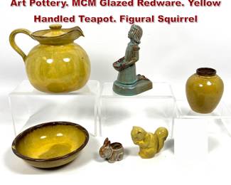 Lot 2230 6pc NICODEMUS Ohio American Art Pottery. MCM Glazed Redware. Yellow Handled Teapot. Figural Squirrel