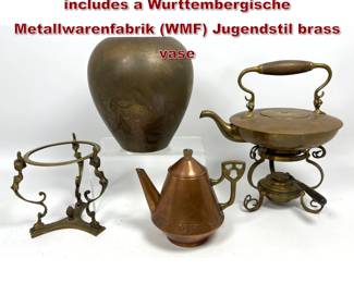 Lot 2235 4pcs Metal Ware. The group includes a Wurttembergische Metallwarenfabrik WMF Jugendstil brass vase