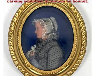 Lot 2071 Antique polychrome wax relief carving sculpture of woman on bonnet.