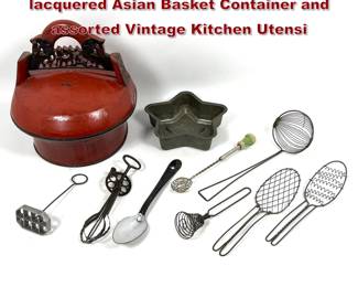 Lot 2320 10pc Kitchen Lot. red and black lacquered Asian Basket Container and assorted Vintage Kitchen Utensi