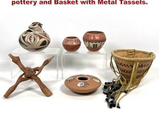 Lot 2013 5pc American Indian Lot. Redware pottery and Basket with Metal Tassels.