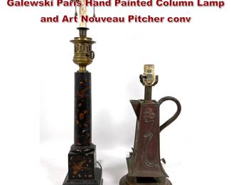 Lot 1888 2 Antique Lamps. Dombrowski and Galewski Paris Hand Painted Column Lamp and Art Nouveau Pitcher conv