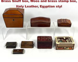 Lot 2314 8pcs Vintage Boxes. Wood and Brass Snuff box, Woos and brass stamp box, Italy Leather, Egyptian styl