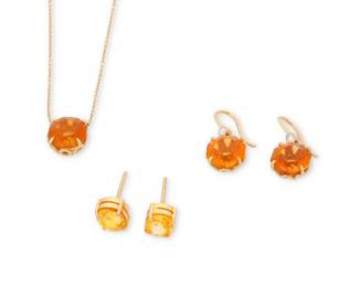 1008 A Group of Gold and Citrine Jewelry Including a pair of 14k gold and oval citrine earrings together with an 18k gold and citrine necklace and earring set, chain signed Tiffany & Co. 5 pieces Earrings: 3/8 in., and 1 in., Chain: 18 in. 11.6 grams gross Estimate: $600 - $800