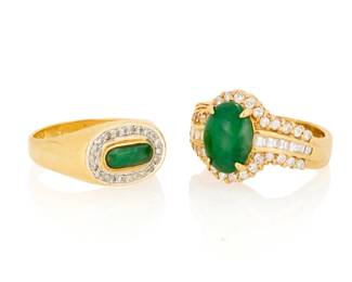 1069 Two 18K Gold, Jade and Diamond Rings One centering an oval jade cabochon accented by square step-cut and round diamonds together with a saddle style ring centering an elongated oval jade cabochon encircled by round diamonds 2 pieces Size: 8 3/4 and 9 16.9 grams gross Estimate: $1,200 - $1,800