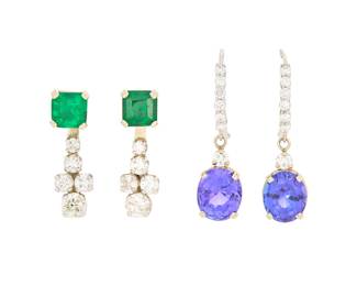 1057 A Group of Two Pairs of 14K White Gold, Gem-Set and Diamond Earrings Including a pair of emerald-cut tsavorite garnet studs with diamond set earrings jackets, together with a pair of oval tanzanite earrings accented by round diamonds 4 pieces Measures: 3/4 in. and 1 in. 6.5 grams gross Estimate: $700 - $900