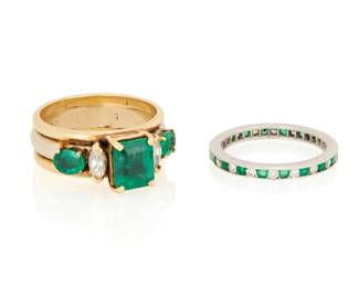 1141 Two Emerald and Diamond Rings Including a platinum, emerald and diamond eternity band together with a 14k bi-color gold, emerald and diamond ring 2 pieces Size: 6 3/4 and 9 12.9 grams gross This lot is being offered with no reserve Estimate: $1,000 - $2,000