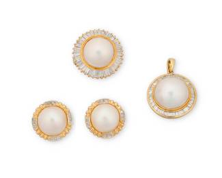 1015 A Group of Gold, Mabe Pearl and Diamond Jewelry Including a pair of 14k gold earrings, an 18k gold pendant and an 18k gold ring, accented by round and tapered baguette diamonds weighing approximately 4.50 carats total Earrings: 3/4 in., Ring: 10, Pendant: 1 1/8 in. 33.8 grams gross Estimate: $2,000 - $3,000