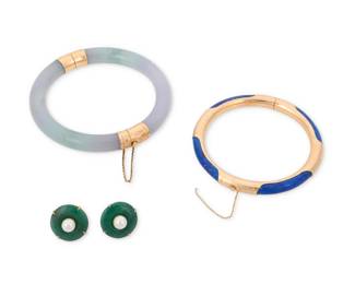 1072 A Group of Gold, Jade and Lapis Lazui Jewelry Including two hinged bangles featuring green jade and lapis lazuli, together with a pair of earrings featuring jade discs centered with two cultured pearls 4 pieces Bangles: 7 1/4 in., 8 in., Earrings: 3/4 in. 88.8 grams gross Estimate: $500 - $700