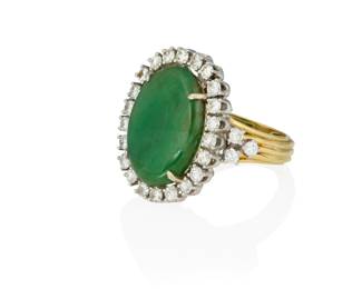 1070 An 18K Bi-Color Gold, Jadeite Jade and Diamond Ring Centering an oval jadeite jade cabochon weighing approximately 6.89 carats, encircled by round diamonds weighing approximately 1.15 carats Size: 6 1/2 9.0 grams gross Accompanied by a Mason-Kay Report numbered #170731-1, dated July 31, 2017, stating the jade as natural jadeite with no dye or impregnation detected - 'A' jade Estimate: $2,000 - $3,000