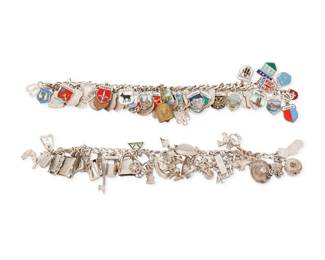 1201 Two Sterling and Enamel Charm Bracelets Indulging two bracelets suspending thirty-five and fifty-six charms featuring animals, city crests and name plates 2 pieces Lengths: 7 1/2 in. 138.0 grams gross Estimate: $1,000 - $1,500