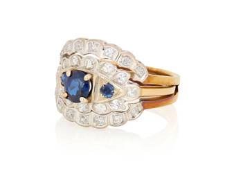 1152 A 14K Bi-Color Gold, Sapphire and Diamond Ring and Jacket Of a scalloped design featuring three sapphires accented by single-cut diamonds weighing approximately 0.50 carat 2 pieces Size: 9 3/4 8.4 grams gross Estimate: $1,500 - $2,000