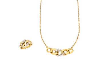 1105 An 18K Bi-Color Gold Necklace and Ring Set Including a necklace and ring of matching design featuring a white and yellow gold Cuban link motif accented by round diamonds 2 pieces Ring: 6 3/4, Necklace: 16 in. 15.5 grams gross Estimate: $1,200 - $1,800