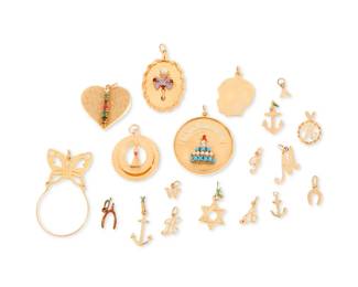 1037 A Group of Gold Charms Including a butterfly charm holder, initials, anchors and happy birthday charm 19 pieces Measures: 3/8 - 2 in. 41.0 grams gross Estimate: $2,800 - $3,500