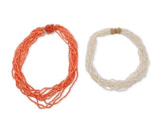 1095 Two 14K Gold, Coral and Freshwater Pearl Necklaces Including a ten-strand necklace featuring coral beads measuring approximately 3.44 mm finished with a carved coral and gold clasp, together with a ten-strand freshwater pearl bead necklace finished with a gold and round ruby set clasp 2 pieces Length: 16 in. and 18 in. 137.9 grams gross Estimate: $700 - $900