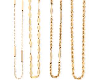 1111 A Group of Four 14K Gold Chains Including rope, bar link and geometric designs 4 pieces Lengths: 15 in., 15 in., 18 in. and 20 in. 40.0 grams gross Estimate: $2,500 - $3,500