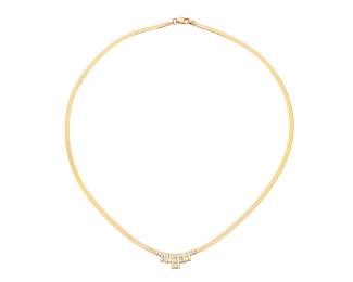 1011 A 14K Gold and Diamond Necklace Featuring a herringbone chain centering a graduated bar element with thirteen round diamonds weighing approximately 1.04 carats Length: 18 in. 7.4 grams gross Estimate: $700 - $1,000