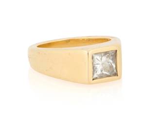 1156 A 14K Gold and Diamond Ring Centering a princess-cut diamond weighing approximately 0.90 carat Size: 6 10.3 grams gross Estimate: $2,000 - $3,000