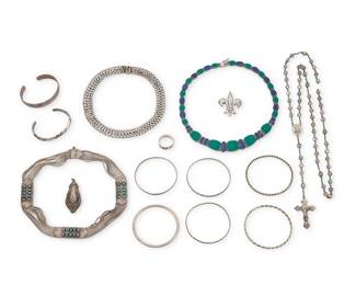 1204 A Group of Jewelry Comprising three necklaces including a sterling silver collar necklace with set lapis lazuli and malachite graduated links, a Gumusevi sterling silver multichain necklace with incised silver plaques set with turquoise colored beads, and a Mexican silver herringbone link collar necklace, together with six silver bangles, four marked for sterling, one for Mexico, and two for Danecraft, as well as two narrow sterling silver cuffs, a sterling silver and iridescent glass bead rosary, a sterling silver Fleur de Lis brooch, a sterling silver floral motif pendant, and a sterling silver ring 15 pieces Necklaces: 19 in. to 15 in. L; bracelets: 2 3/4 in. to 2 1/2 in. Dia.; cuffs: 6 3/4 in. inner C & 6 3/8 in. inner C; brooch: 1 7/8 in. H; pendant: 2 1/4 in. H; ring size: 11 398.8 grams gross This lot is being offered with no reserve Estimate: $300 - $500