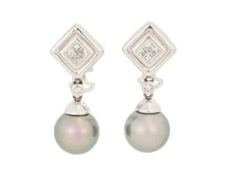 1054 A Pair of White Gold, Diamond, and Colored Cultured Pearl Earrings Featuring two Tahitian cultured pearls measuring approximately 10.80 mm, accented by princess-cut and round diamonds 2 pieces Measures: 1 1/4 in. 10.0 grams gross Estimate: $1,000 - $2,000