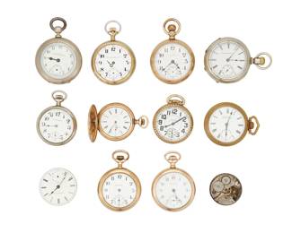 1172 A Large Group of Miscellaneous American Pocket Watches and Parts Including various pocket watches and parts This lot is being offered with no reserve Estimate: $300 - $500